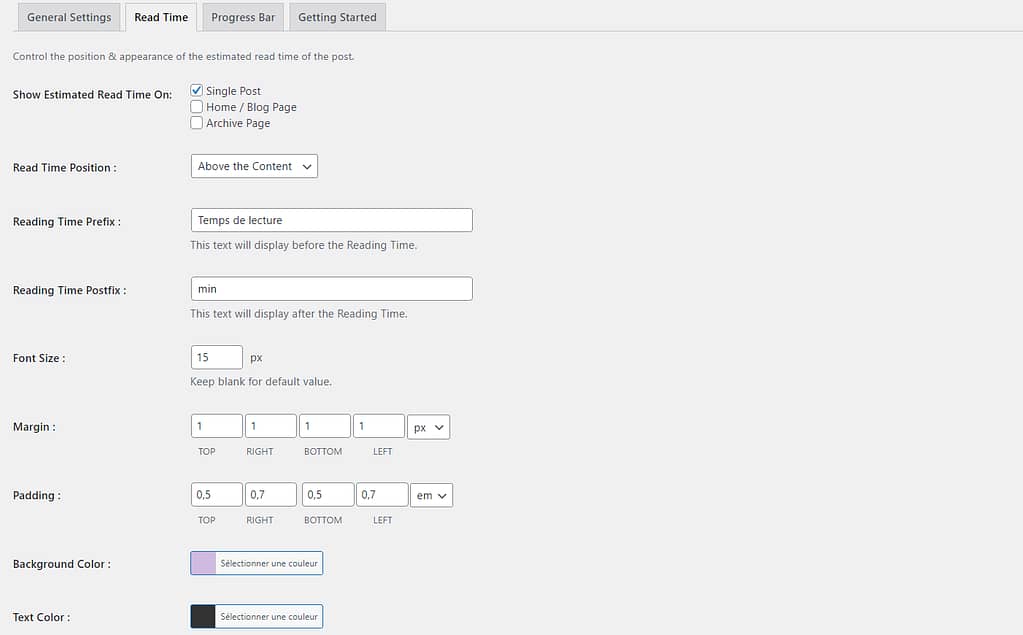 Réglages du temps de lecture estimé